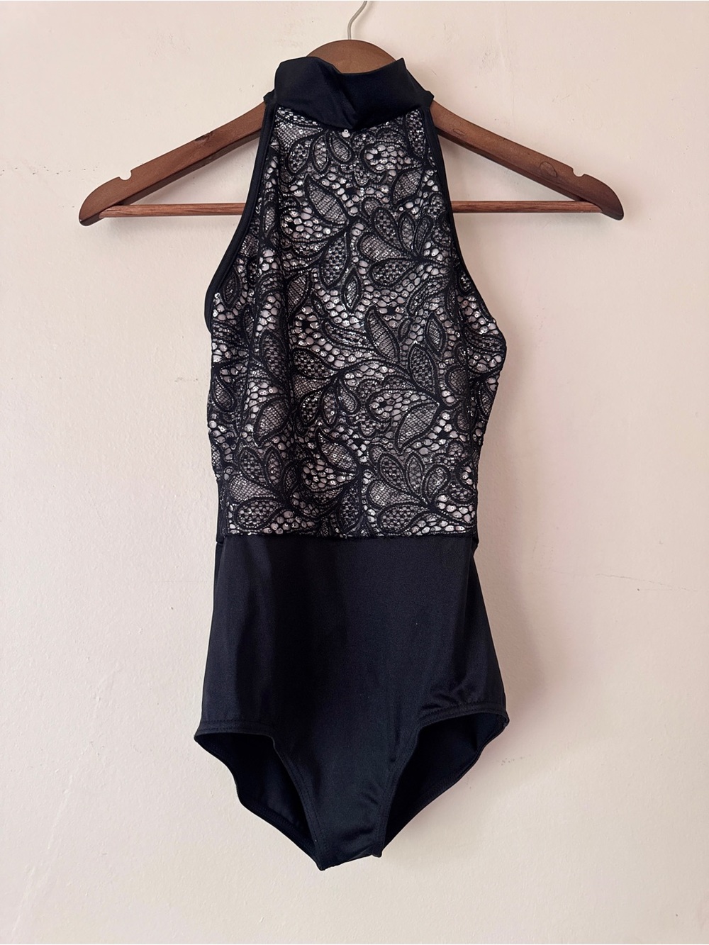 Weissman Black Lace Halter One-Piece Bodysuit - Size MC